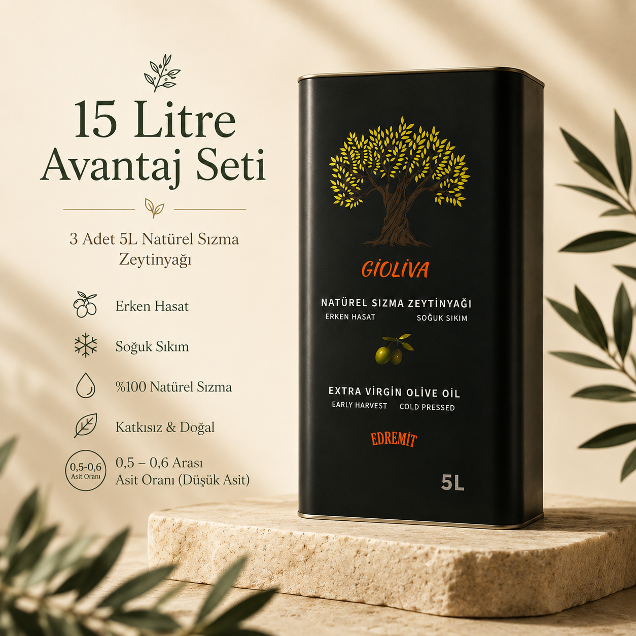 Edremit Erken Hasat Soğuk Sıkım Natürel Sızma Zeytinyağı – 3x5 L (3'lü Paket)